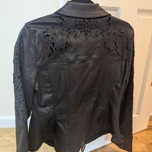 White House Black Market Women's Black Coated Denim Jacket with Cutouts NWT